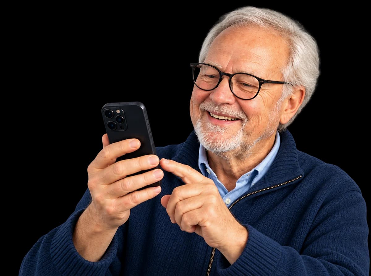 En glad äldre man med glasögon som använder sin mobil.